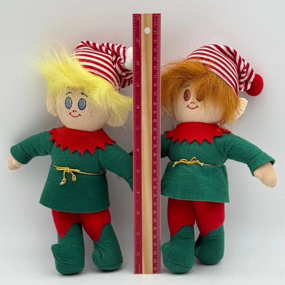Vintage 1994 Dakin Richie Bear Christmas Elf Plush Dolls Pair Green Red 11 Inch